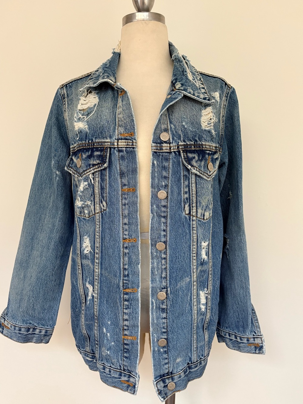 Women's Distressed Denim Jean Jacket in Blue